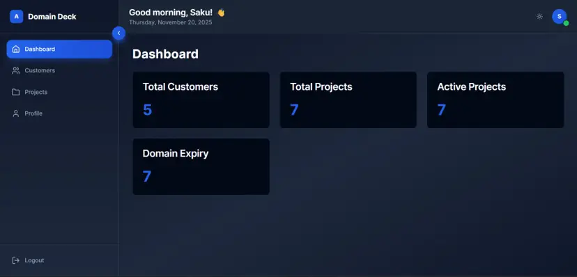 DomainDeck - Project Management & CRM Platform - Full Stack project built with React 19, Node.js by Amit Mishra